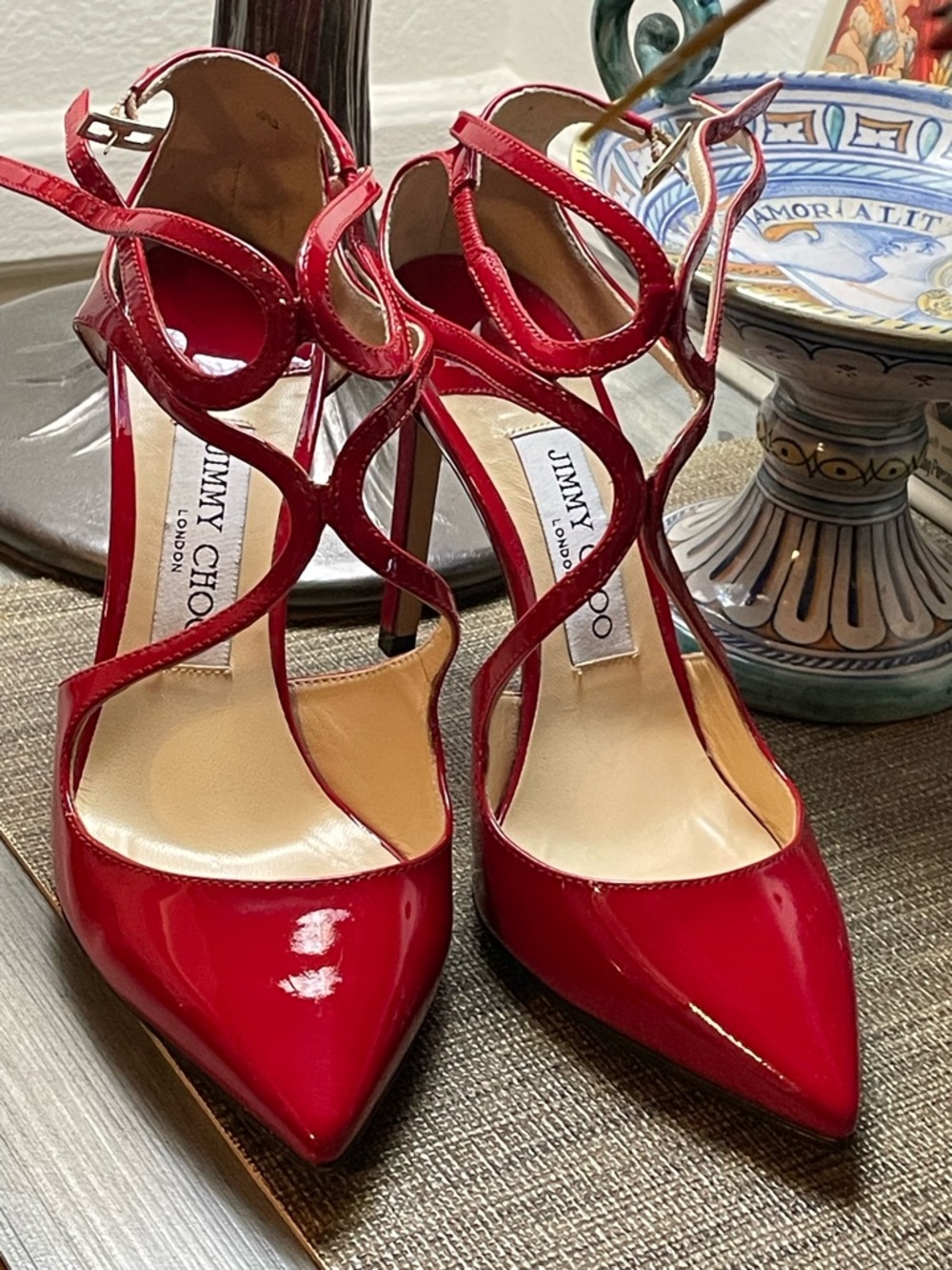Jimmy Choo Red Patent Leather Strappy Pointed-Toe Heels